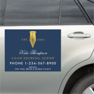 Elegant Notary Signing Agent QR Code Blue Gold Car Magnet
