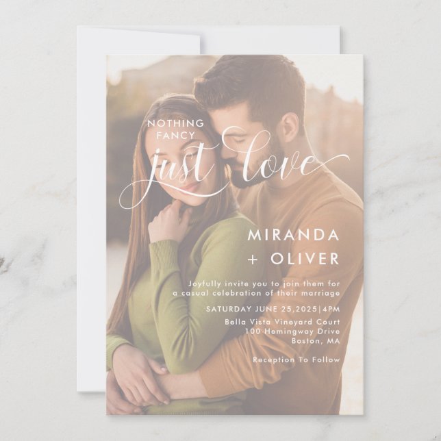 Elegant Nothing Fancy Just Love Photo Wedding Invitation (Front)