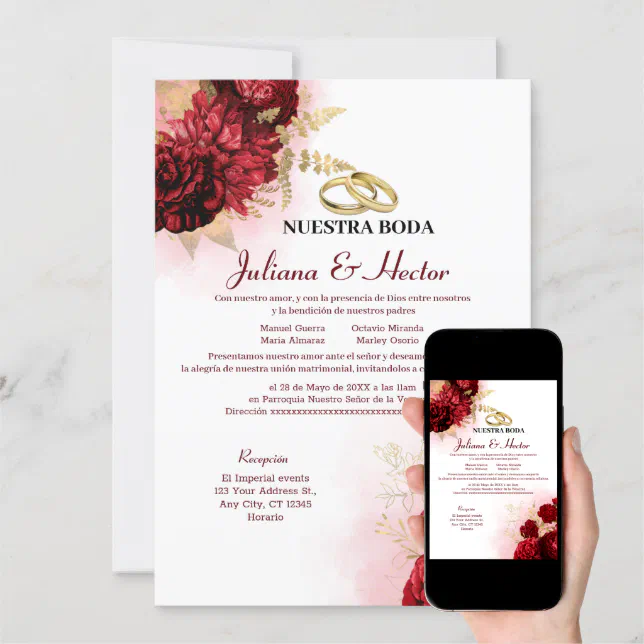 Elegant Nuestra Boda Red Floral Wedding Invitation | Zazzle