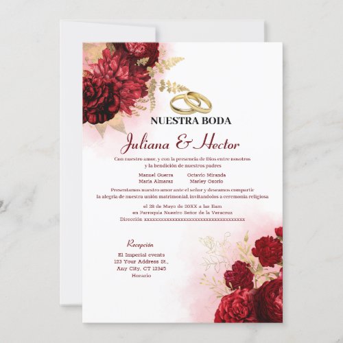 Elegant Nuestra Boda Red Floral Wedding Invitation