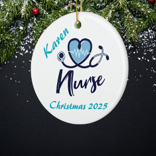 Elegant Nurse Blue Heart Personalize Ceramic Ornament