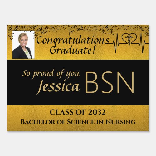 Elegant NURSE Graduation BSN Black Gold Photo Yard Sign