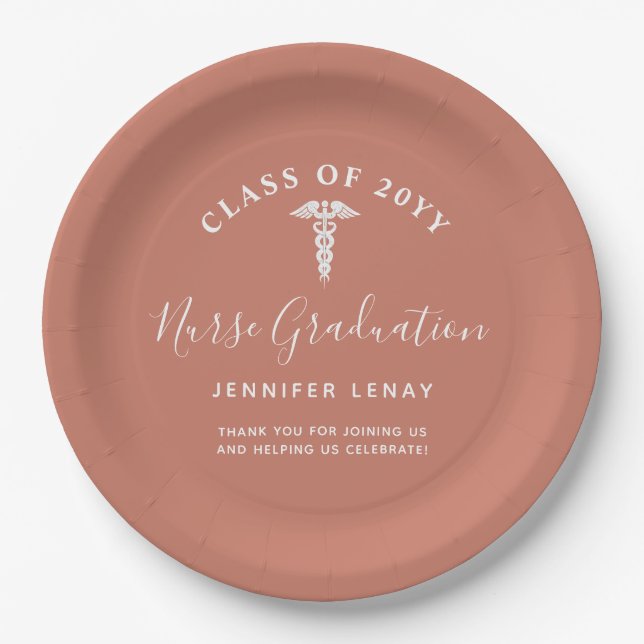 Elegant Nurse Graduation Party Terracotta Name Paper Plates (Front)