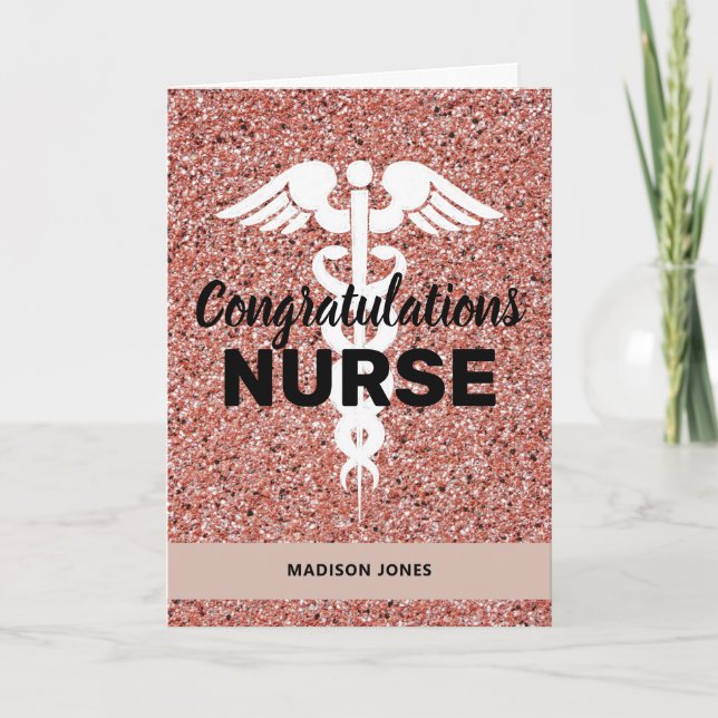 Elegant Nurse Graduation Pink Glitter Personalized Card (Front)