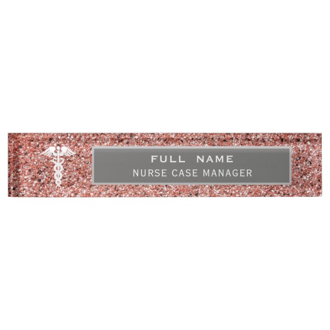 Elegant Nurse Medical Caduceus Rose Gold Glitter Desk Name Plate (Front)