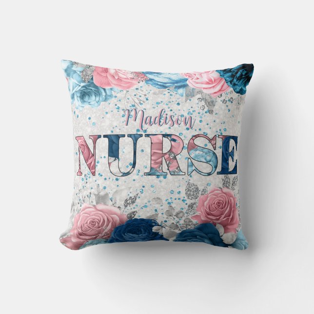 Elegant Nurse Pink Blue Silver Personalized Floral Throw Pillow (Front)