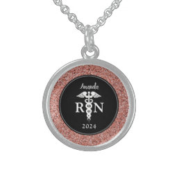Elegant Nurse RN Black Rose Gold Glitter Monogram Sterling Silver Necklace