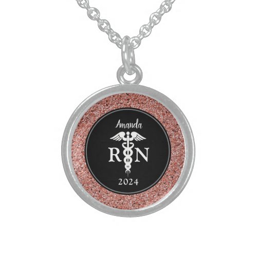Elegant Nurse RN Black Rose Gold Glitter Monogram Sterling Silver Necklace