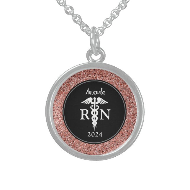 Elegant Nurse RN Black Rose Gold Glitter Monogram Sterling Silver Necklace (Front)