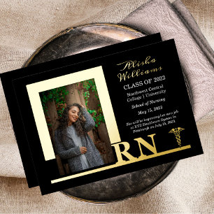 Elegant Nurse RN Caduceus Photo Graduate Black Foil Invitation