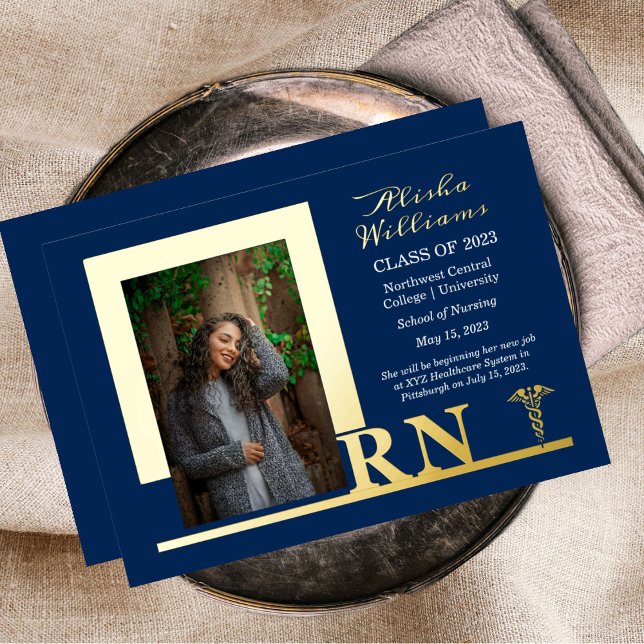 Elegant Nurse RN Caduceus Photo Graduate Blue Foil Invitation (Creator Uploaded)