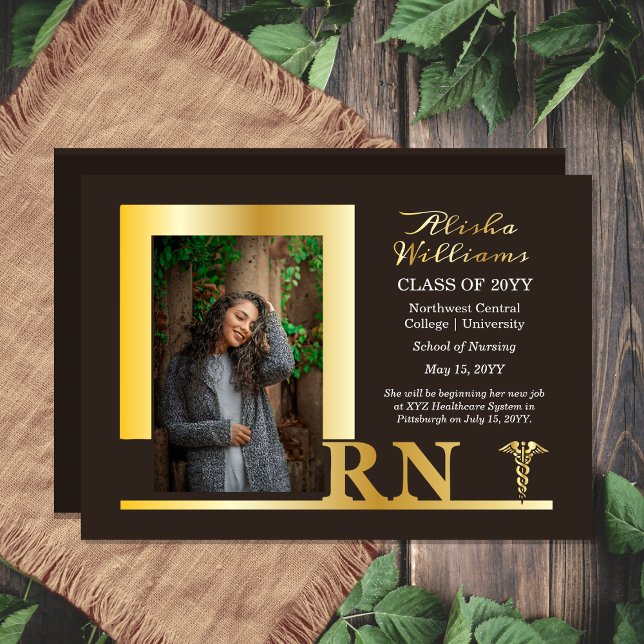 Elegant Nurse RN Caduceus Photo Graduate Brown Foil Invitation (Elegant Nurse "RN" Caduceus Photo Nursing School Graduate Brown | Gold Foil Graduation Announcement)
