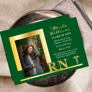 Elegant Nurse RN Caduceus Photo Graduate Green Foil Invitation