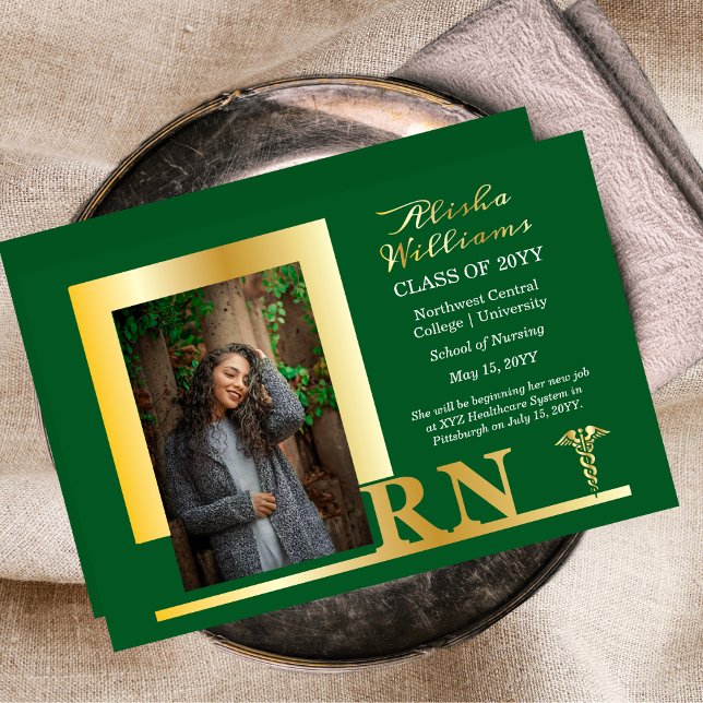 Elegant Nurse RN Caduceus Photo Graduate Green Foil Invitation (Elegant Nurse "RN" Caduceus One Photo Graduation Announcement Gold Foil Invitation)