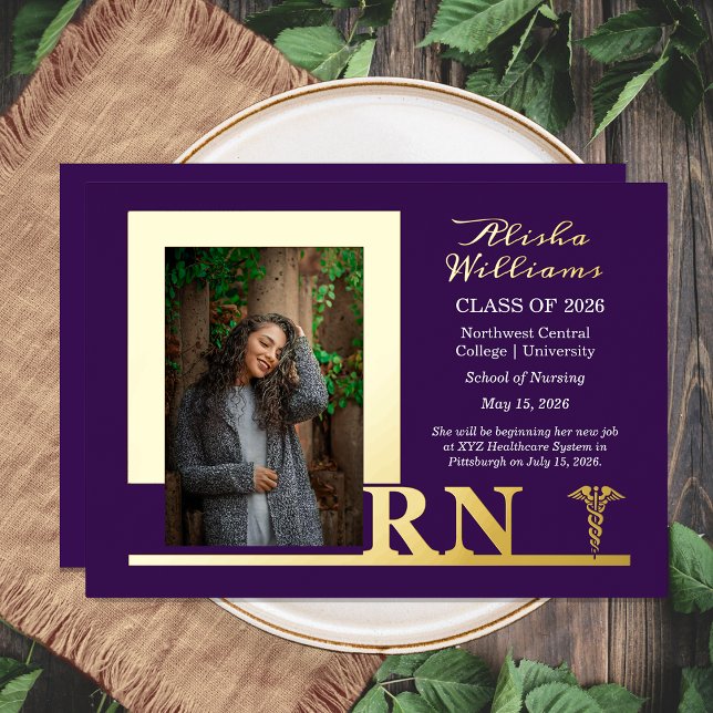 Elegant Nurse RN Caduceus Photo Graduate Purple Foil Invitation (Elegant Unique Nurse RN Caduceus Photo Graduate Gold Foil Invitation)