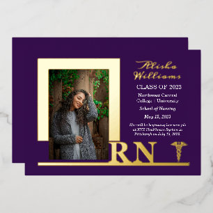 Elegant Nurse RN Caduceus Photo Graduate Purple Foil Invitation