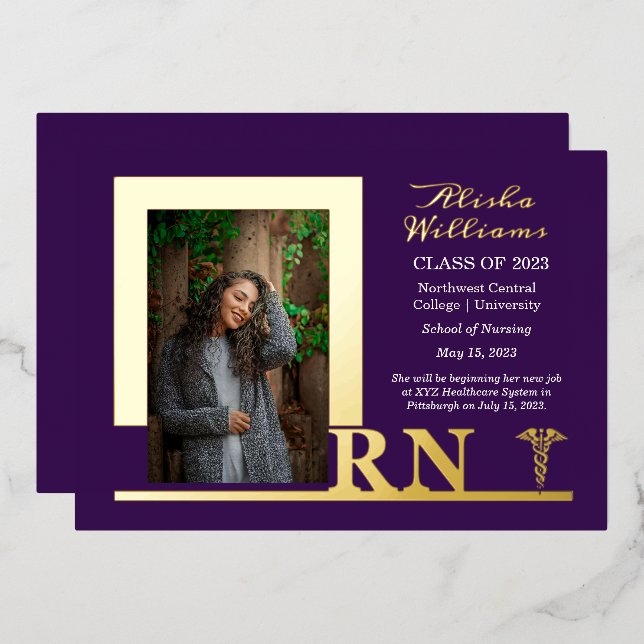 Elegant Nurse RN Caduceus Photo Graduate Purple Foil Invitation (Front/Back)