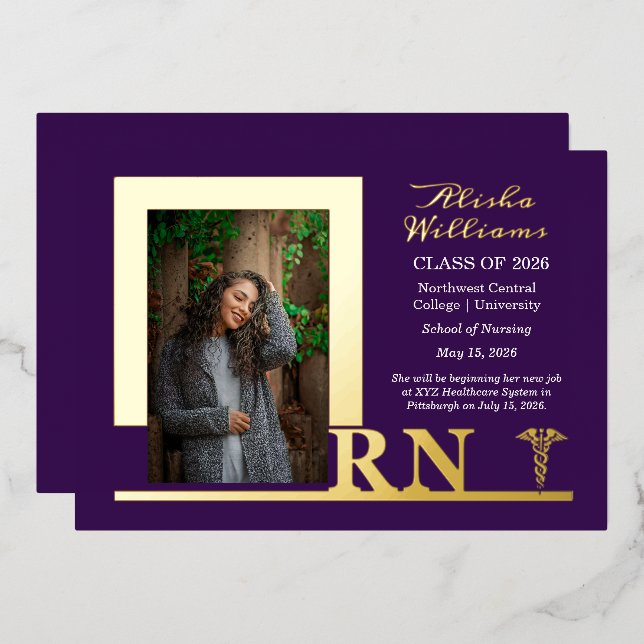 Elegant Nurse RN Caduceus Photo Graduate Purple Foil Invitation (Front/Back)