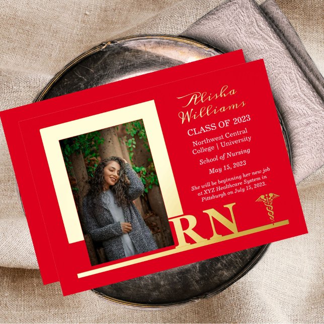 Elegant Nurse RN Caduceus Photo Graduate Red Foil Invitation (Creator Uploaded)