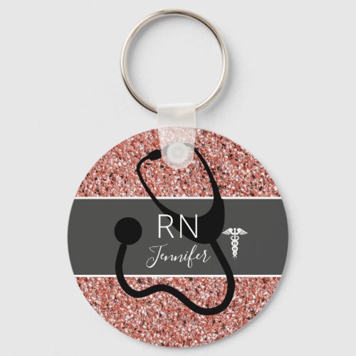 Elegant Nurse RN Caduceus Rose Gold Personalized Keychain