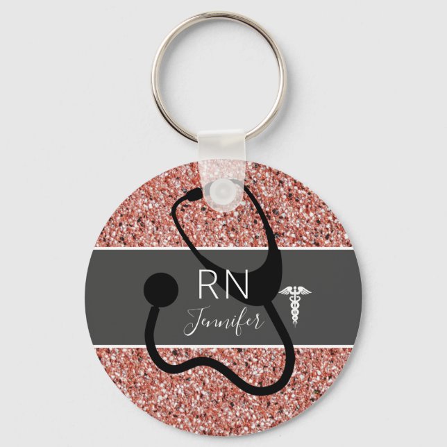 Elegant Nurse RN Caduceus Rose Gold Personalized Keychain (Front)