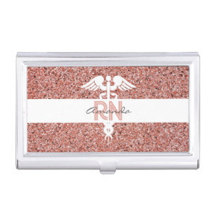 Elegant Nurse RN Rose Gold Glitter Personalized Business Card Case
