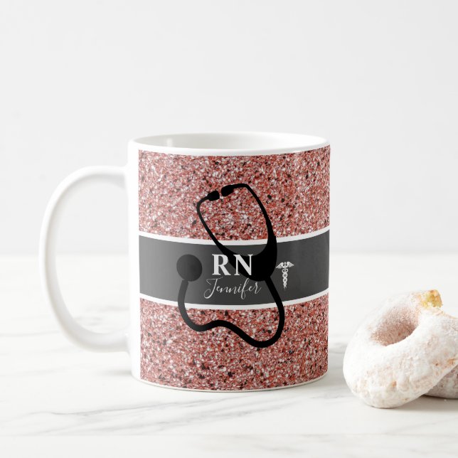Elegant Nurse RN Rose Gold Glitter Personalized Coffee Mug (With Donut)