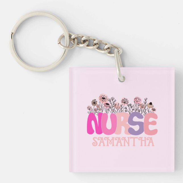Elegant "Nurse" Typography with Vibrant Floral Keychain (Front)