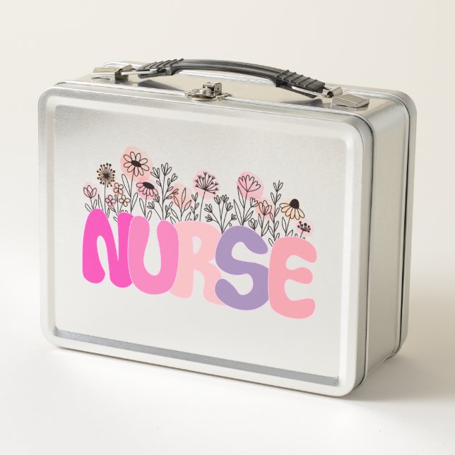 Elegant "Nurse" Typography with Vibrant Floral Metal Lunch Box (Front)
