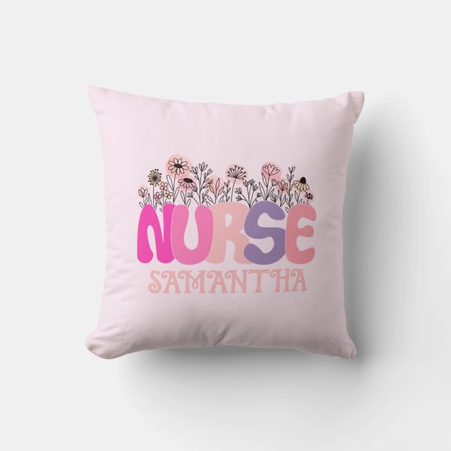 Elegant "Nurse" Typography with Vibrant Floral Throw Pillow (Front)