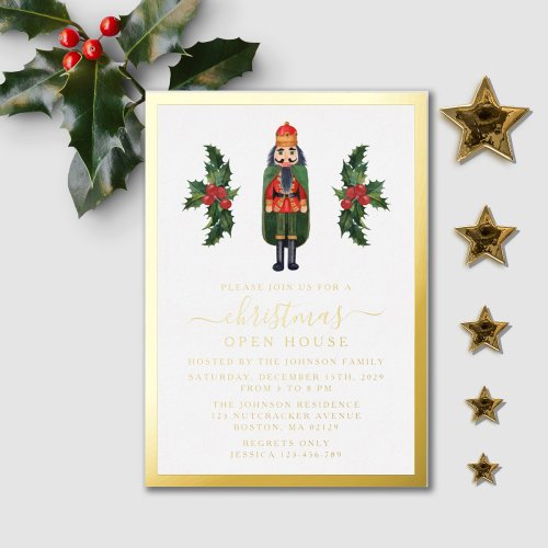Elegant Nutcracker Christmas Open House Gold  Foil Invitation