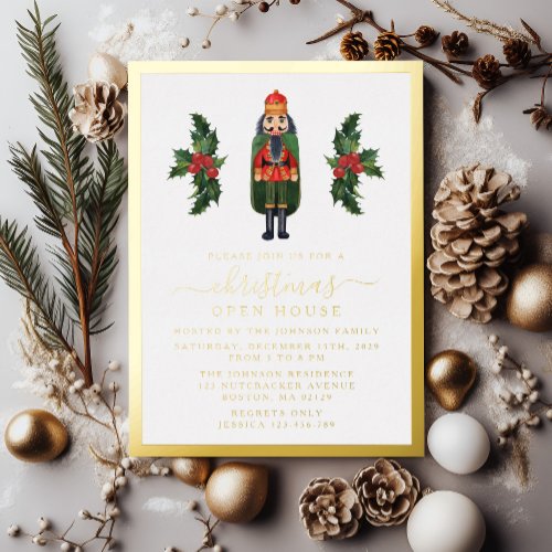 Elegant Nutcracker Christmas Open House Gold  Foil Invitation