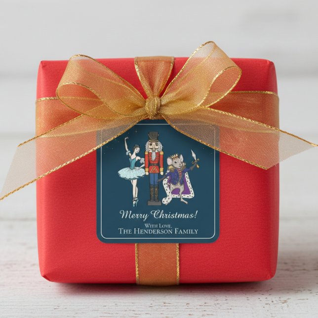 Elegant Nutcracker Merry Christmas Square Sticker (Festive Nutcracker Ballet Merry Christmas Sticker. Elegant Navy Blue. Cute Nutcracker & Ballerina)