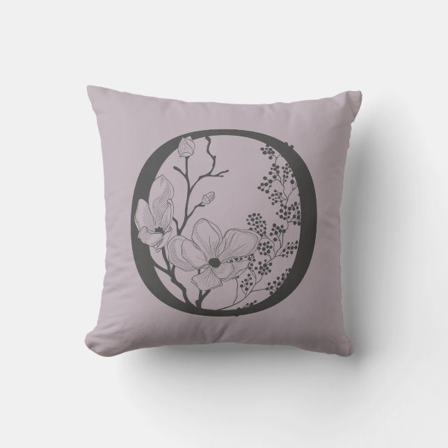 Elegant O Boho Floral Monogram Initial Lilac Gray Throw Pillow (Front)