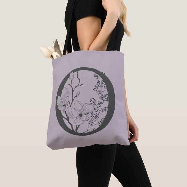 Elegant O Boho Floral Monogram Initial Lilac Gray Tote Bag (Close Up)