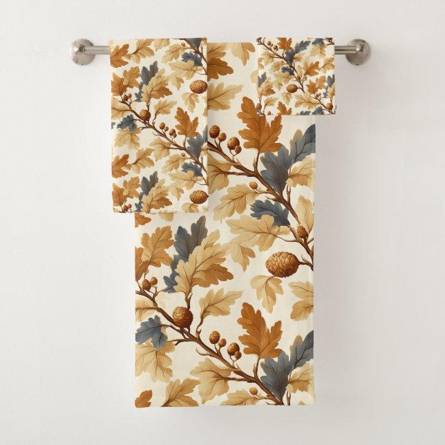 Elegant Oak Leaf & Pinecone Fall Pattern Bath Towel Set (Insitu)