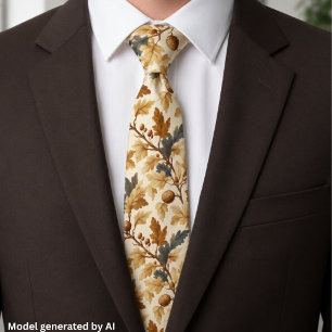 Elegant Oak Leaf & Pinecone Fall Pattern Neck Tie