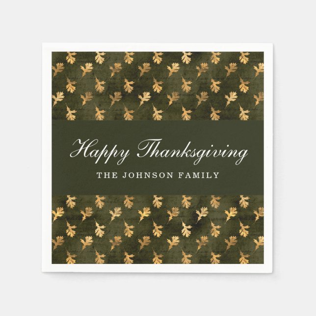 Elegant Oak Leaves Green Thanksgiving Napkins (Front)