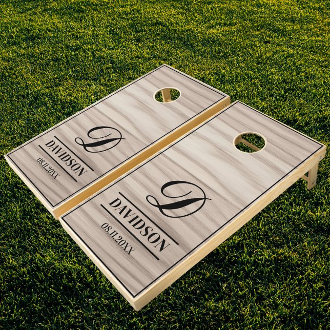 Elegant Oak Wood Family Name Monogram Cornhole Set (Creator Uploaded)