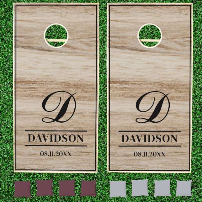 Elegant Oak Wood Family Name Monogram Cornhole Set (Creator Uploaded)