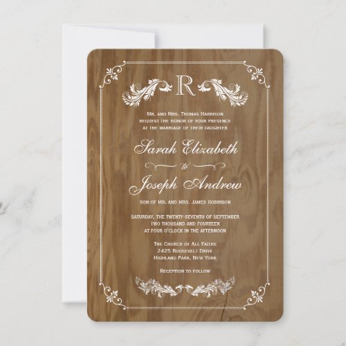 Elegant Oak Wood Monogram Wedding Invitations
