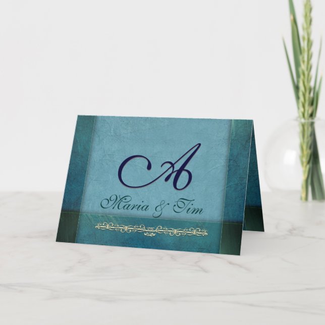 Elegant ocean and sky blue monogram note card (Front)