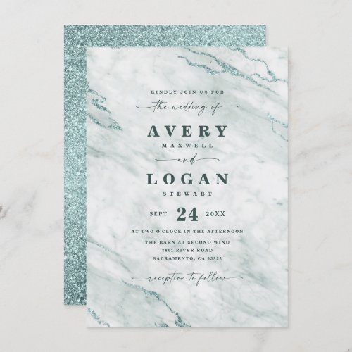 Elegant Ocean Aqua Marble  Glitter Wedding Invitation