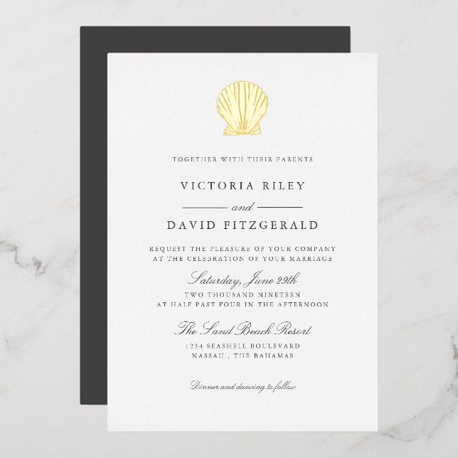 Elegant Ocean Beach SEASHELL WEDDING GOLD   Foil I Foil Invitation (Front/Back)