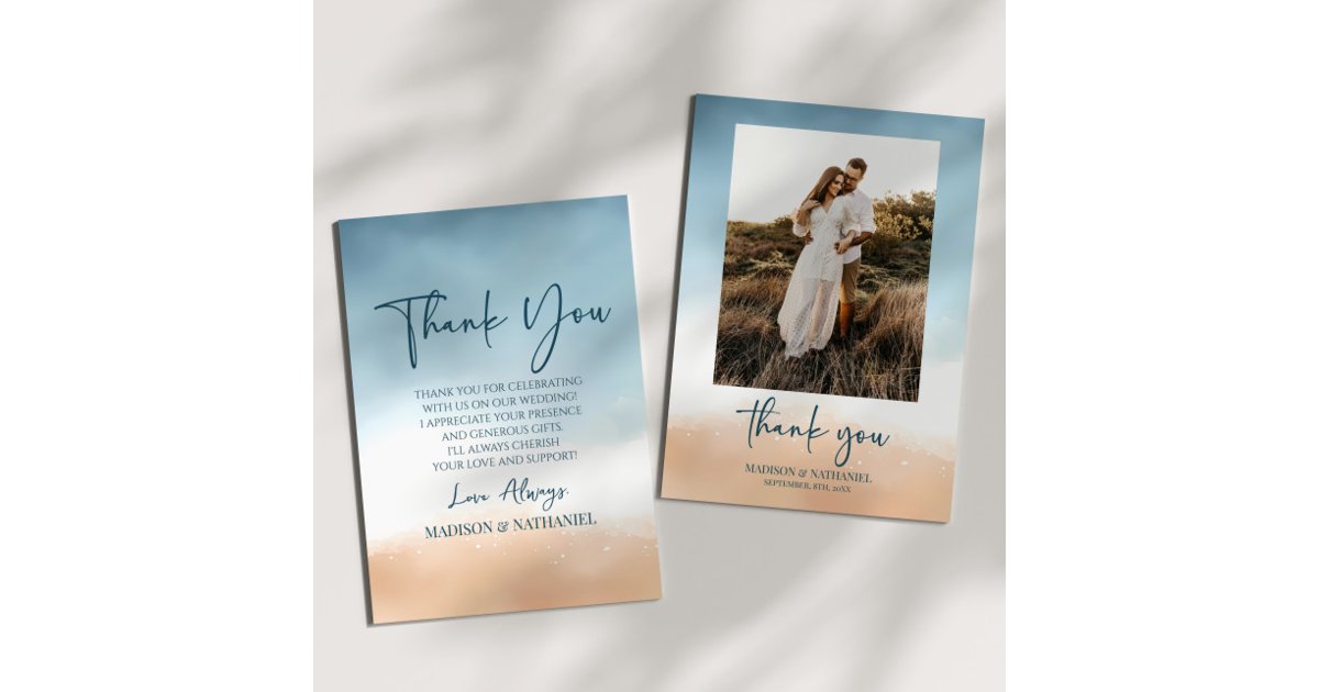 Elegant Ocean Beach Shore Sand Picture Wedding Thank You Card | Zazzle