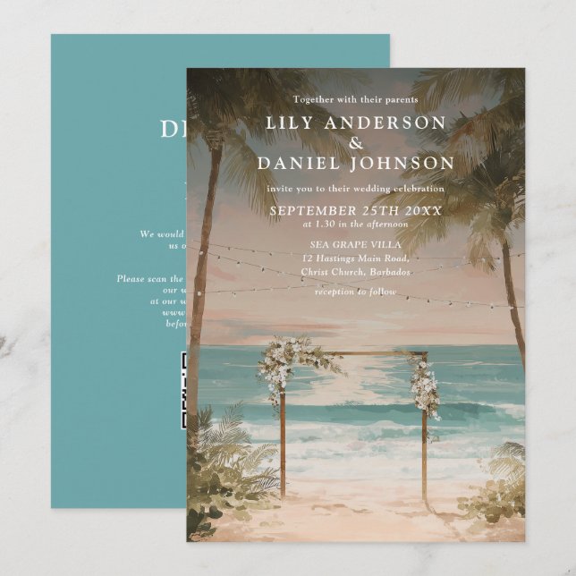 Elegant Ocean Beach String Lights QR Code Wedding Invitation (Front/Back)