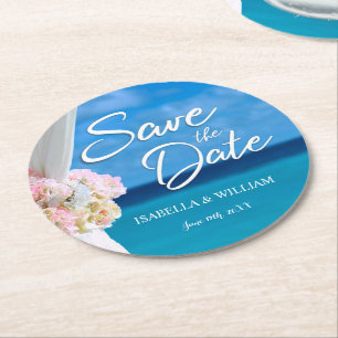 Elegant Ocean Beach Summer Save the Date Round Paper Coaster