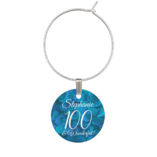 Elegant Ocean Blue 100 and Wonderful Birthday Name Wine Charm