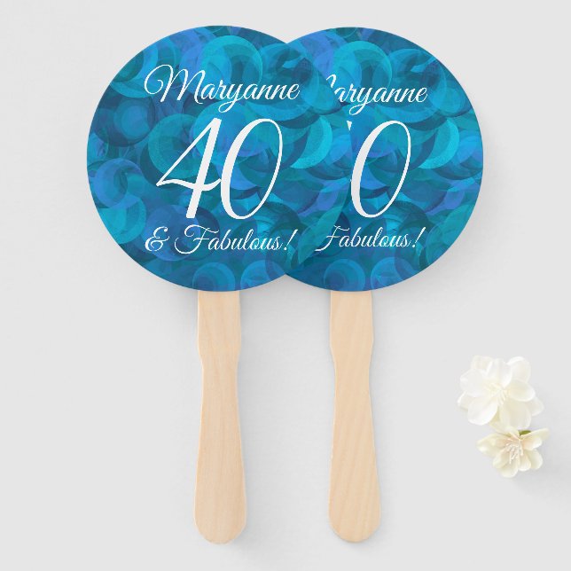 Elegant Ocean Blue 40 and Fabulous Birthday Party Hand Fan (Front and Back)