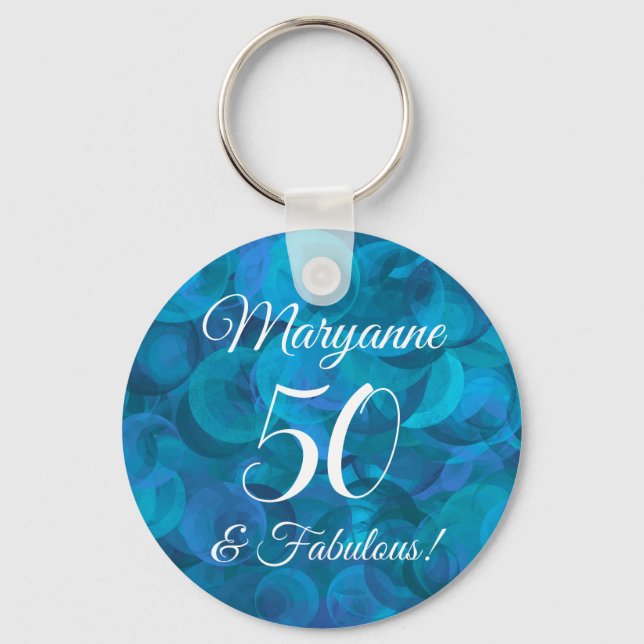 Elegant Ocean Blue 50 & Fabulous Birthday Party Keychain (Front)